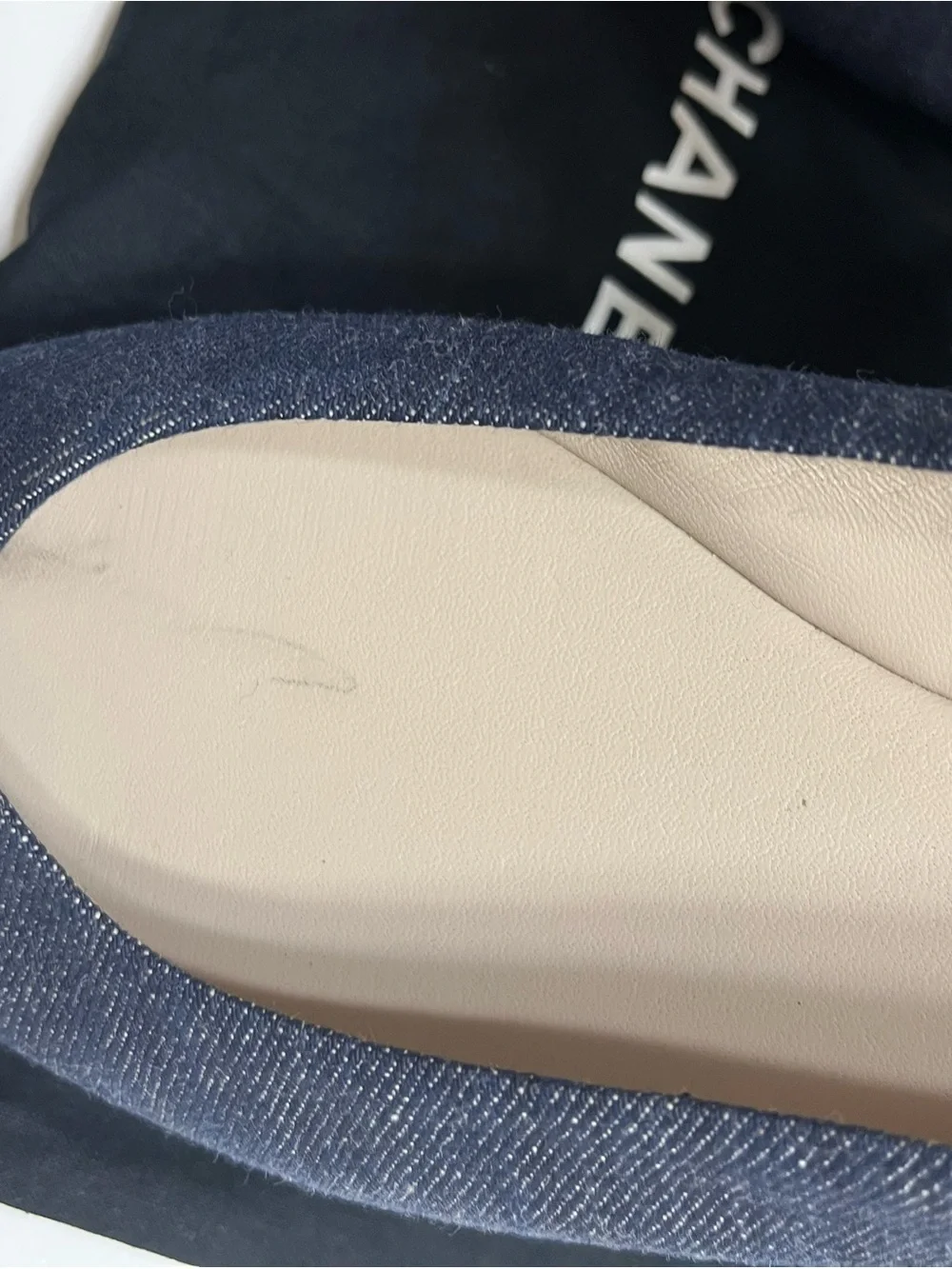 CHANEL Navy Denim Round-Toe Flat Pump